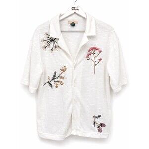 Esc White Blouse Top Collared Dainty Floral Embroidered Size Medium Spring
